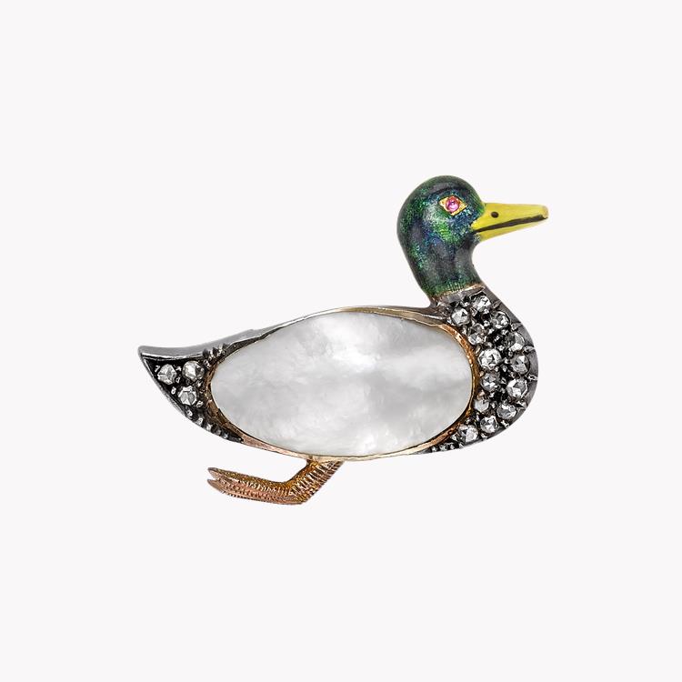 Victorian Pearl Duck Brooch in Yellow & White Gold Old Cut Diamond Pin Brooch, with Enamel Detail_1