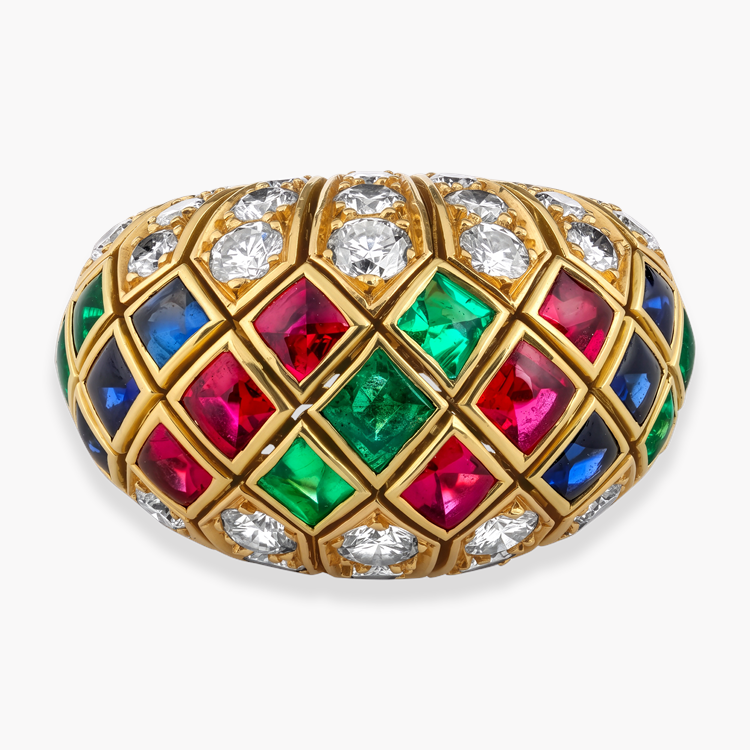 Retro Cartier Ruby, Sapphire, Emerald and Diamond Bombé Ring Cabochon & Brilliant Cut, Rubover & Pave Set_2