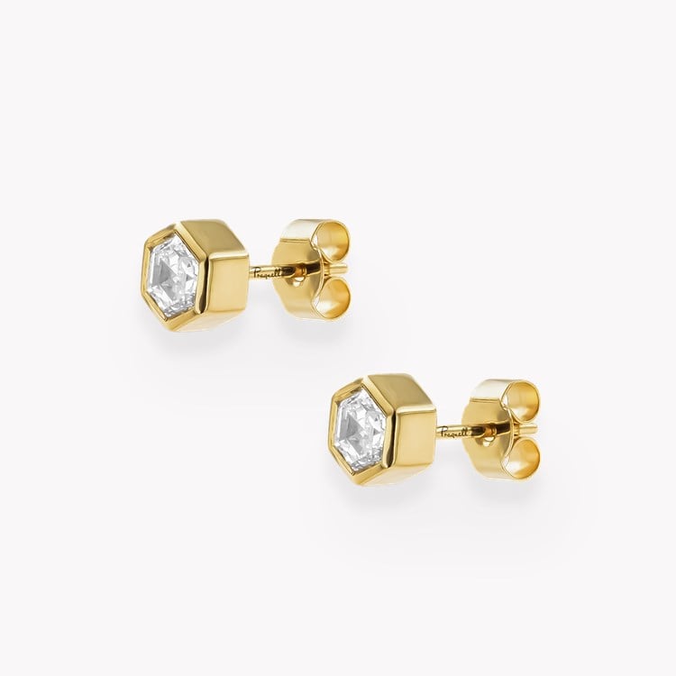 Honeycomb Diamond Solitaire Earrings Hexagonal Cut, Rubover Set_2
