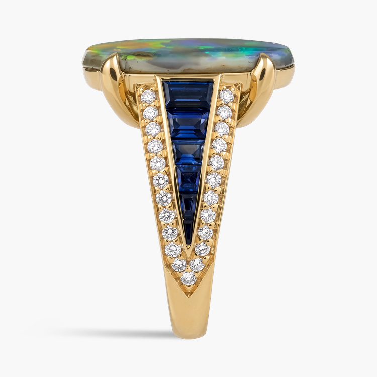 Masterpiece Cabochon Cut 5.32ct Black Opal and Sapphire Ring Cabochon Cut, Claw Set_4