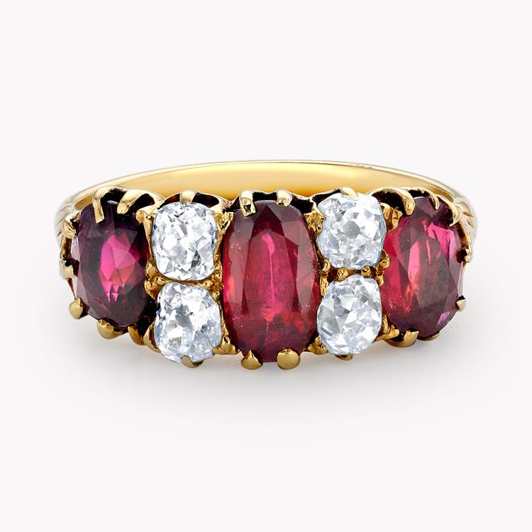 Victorian Seven Stone Ruby & Diamond Ring  0.86ct in 18ct Yellow Gold Oval & Cushion Cut, Claw Set_2