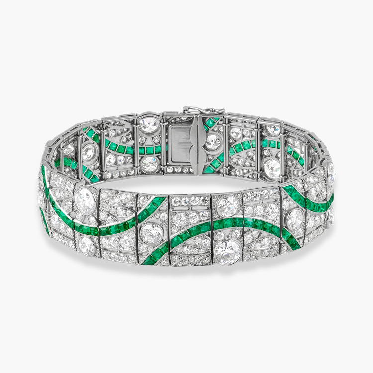 Art Deco Old Cut 9.25ct Diamond and Emerald Bracelet Old European & Calibré Cut, Millegrain Set_1