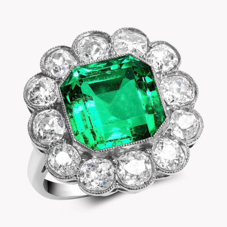 Edwardian Colombian Emerald and Diamond Ring Emerald Cut, Millegrain Set_1