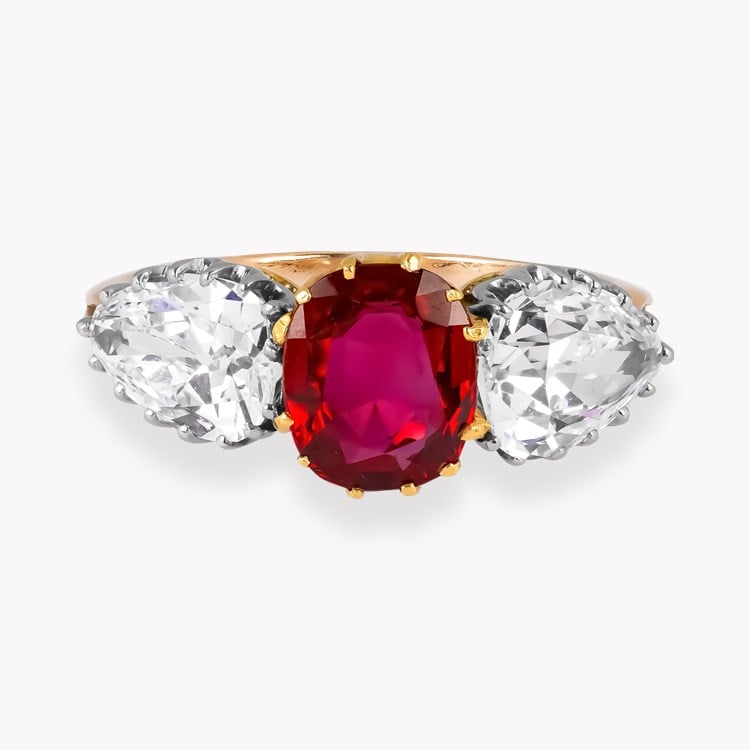 Edwardian 1.63ct Burma Ruby and Diamond Three Stone Ring Cushion & Pear Cut, Claw Set_2