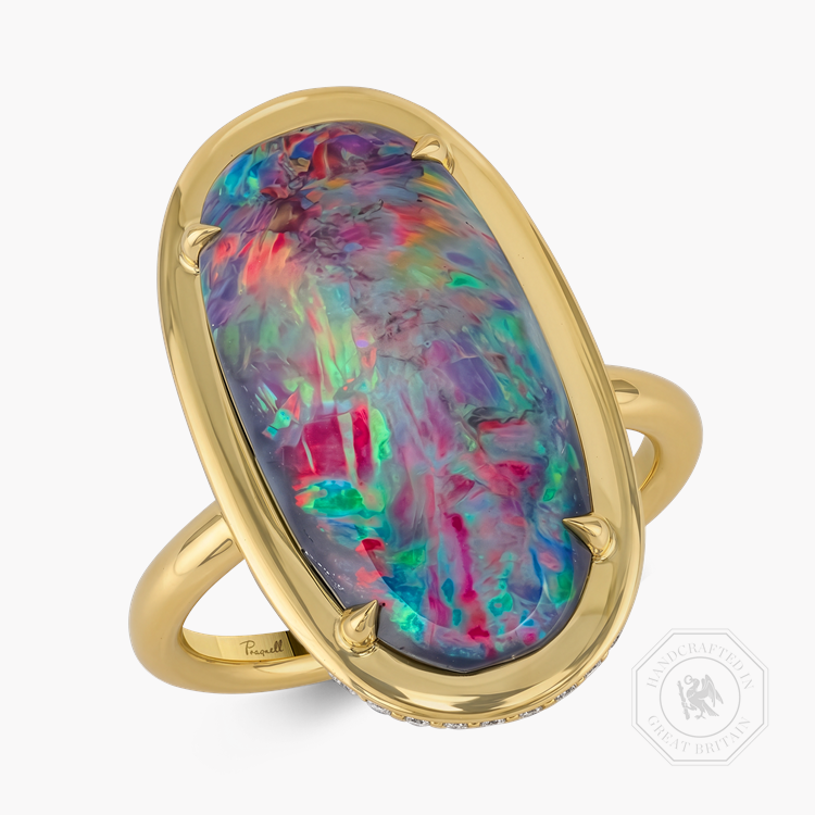 Skimming Stone Cabochon Cut 6.00ct Black Opal and Diamond Ring Cabochon Cut, Claw Set_1