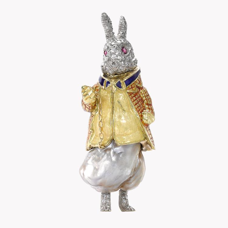 Edwardian Baroque Pearl Rabbit Brooch in Yellow & White Gold Rabbit Clip Brooch, with Diamond & Enamel_1