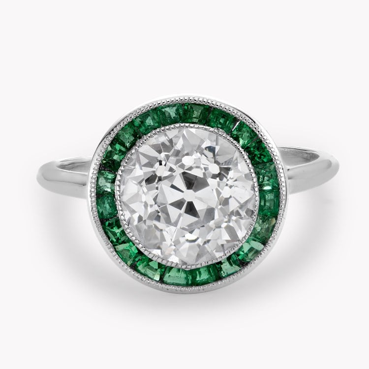 Classic 2.74ct Diamond and Emerald Target Ring Old Mine Cut, Millegrain Set_2