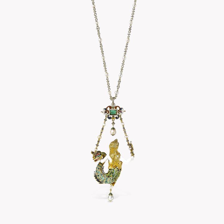 Victorian Emerald Mermaid Pendant in Yellow Metal Mixed Cut, with Pearl and Enamel Detail_3