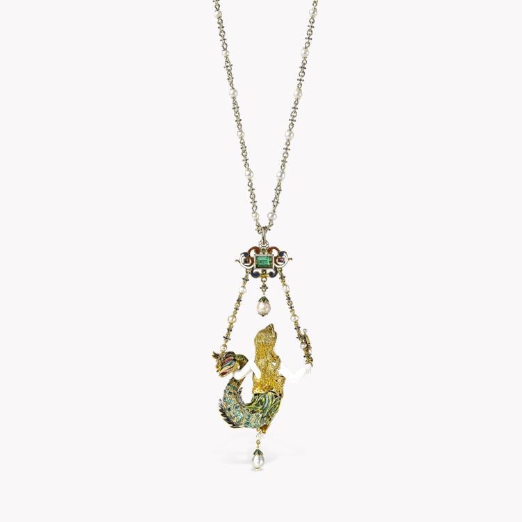 Victorian Emerald Mermaid Pendant Mixed Cut, with Pearl and Enamel Detail_3