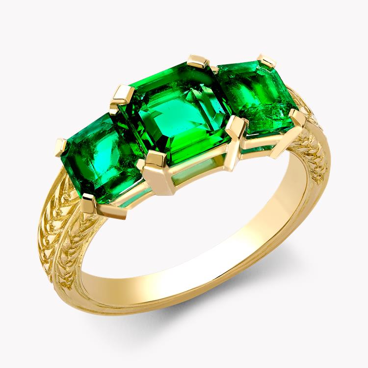 Three Stone Rectangular Cut Emerald Ring 2.03ct   in Yellow Gold, with Carved Leaf Design Shank Rectangular Cut, Four Claw Set_1
