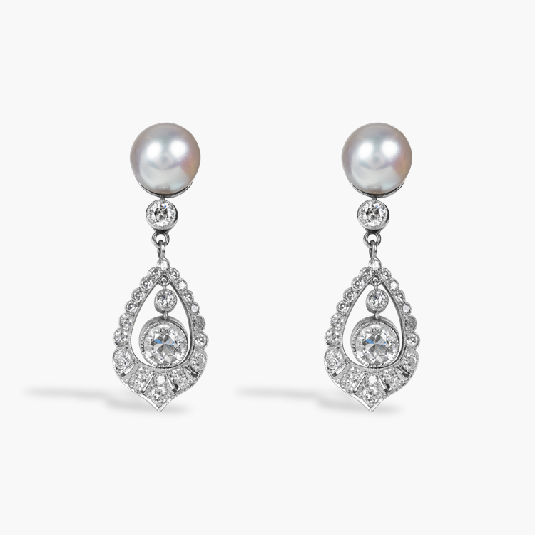 Edwardian Pearl and Old Cut Diamond Drop Earrings   Edwardian Pearl and Old Cut Diamond Drop Earrings