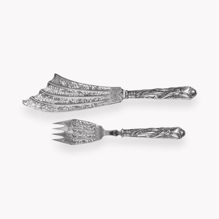Silver George V Ornate Carved Silver Handled Fish Servers Hallmarked Sheffield_3