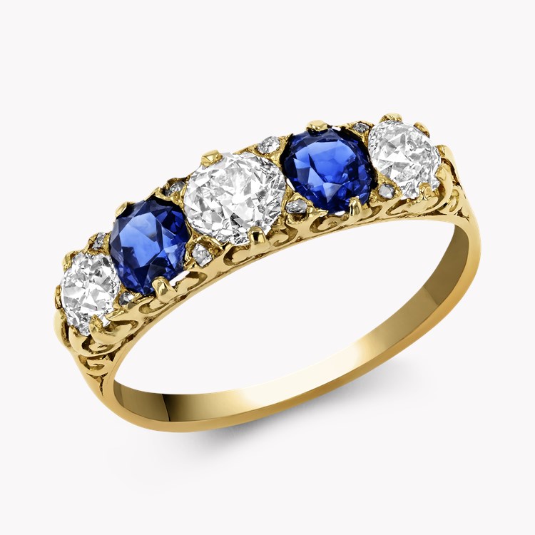 Victorian Inspired Sapphire & Diamond Five Stone Ring Old Cut, Claw Set_1