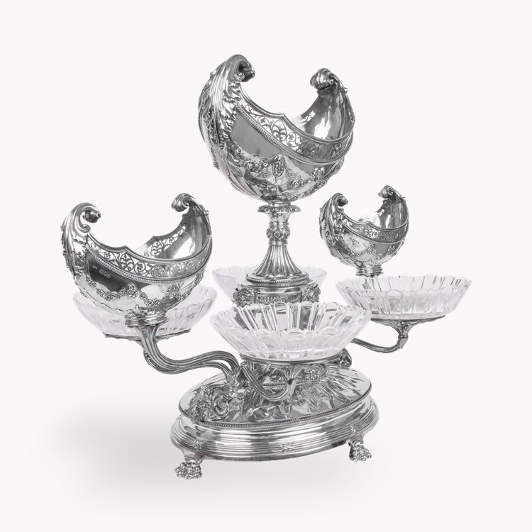 Silver Epergne Centrepiece with Four Cut Glass Bowls Hallmarked London_2