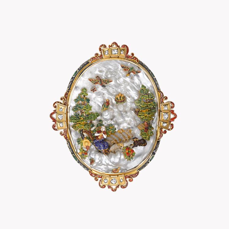 Victorian Mother of Pearl Brooch Landscape Pin Brooch, with Enamel Detail_1