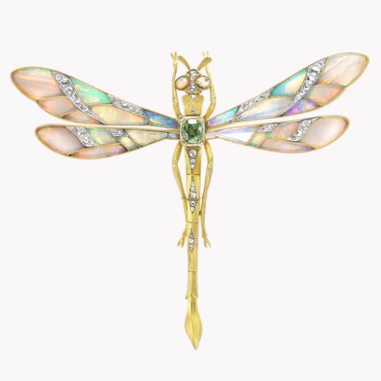 Art Nouveau French Opal Brooch in Yellow Gold Opal & Diamond Tremblant Dragonfly Brooch_1