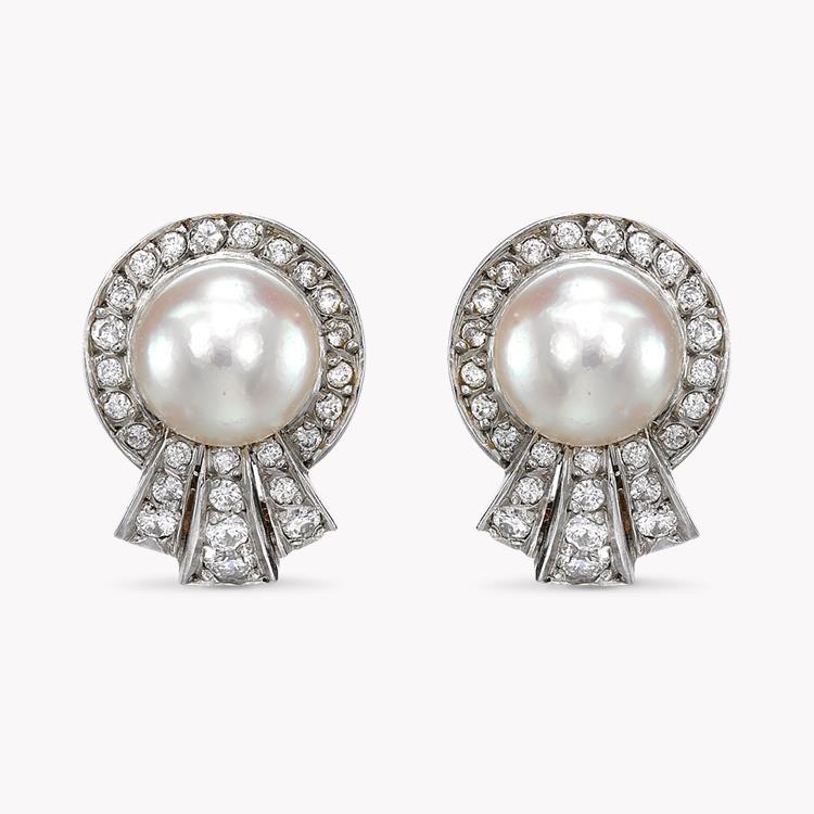 Edwardian Natural Pearl Ear Studs 8MM in White Gold Natural Pearl, with Diamond Spray Surround_1