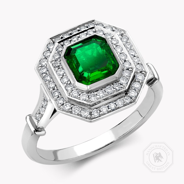 Art Deco Inspired 0.82ct Emerald and Diamond Target Ring Emerald Cut, Rubover Set_1