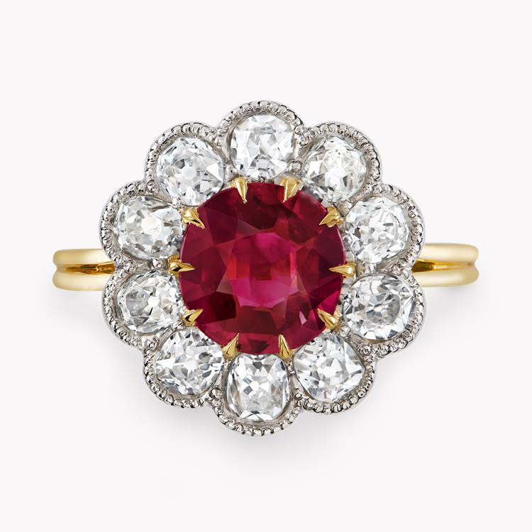 Brilliant Cut Ruby Ring 1.68CT in Yellow Gold Cluster Ring with Old Cut Shoulders_2