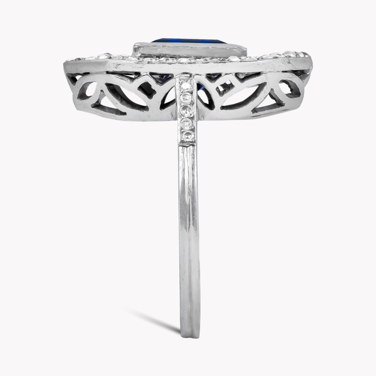 Art Deco French Rectangular Cut Sapphire and Diamond Ring Emerald & Old Cut, Rubover Set_4