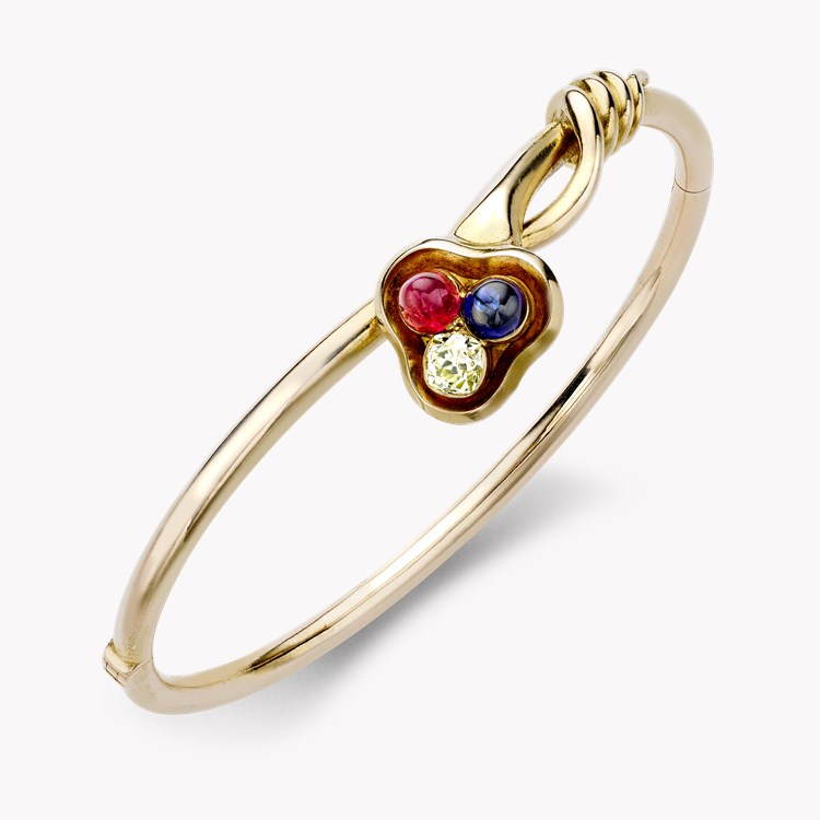 Edwardian ruby, sapphire & diamond hinged trefoil clover bangle Cushion Antique Cut, Rubover Set_1