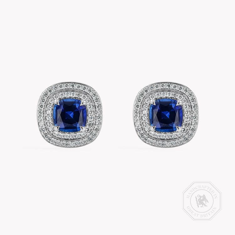Cushion Cut 2.38cts Sapphire and Diamond Double Halo Earrings Cushion & Brilliant Cut, Claw Set_1