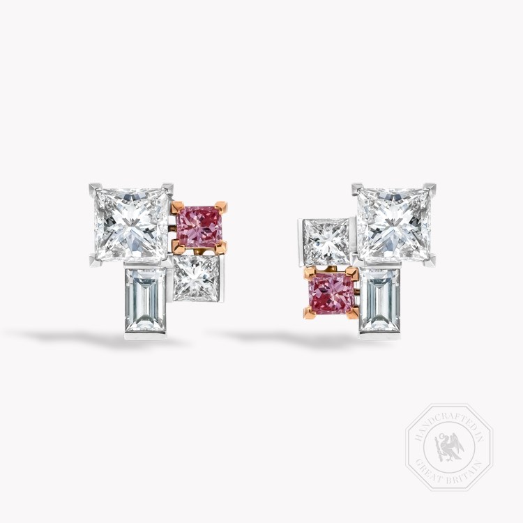 Mosaic 3.23ct Diamond and Fancy Pink Diamond Stud Earrings Princess & Baguette Cut, Claw Set_1