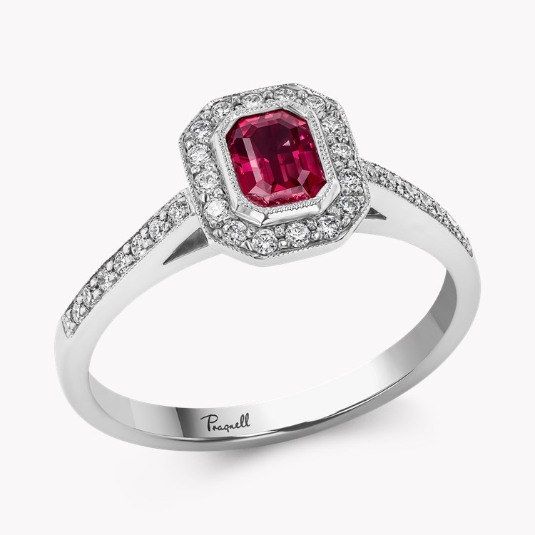 Octagonal Cut Ruby Ring Cluster Ring with Diamond Shoulders_1