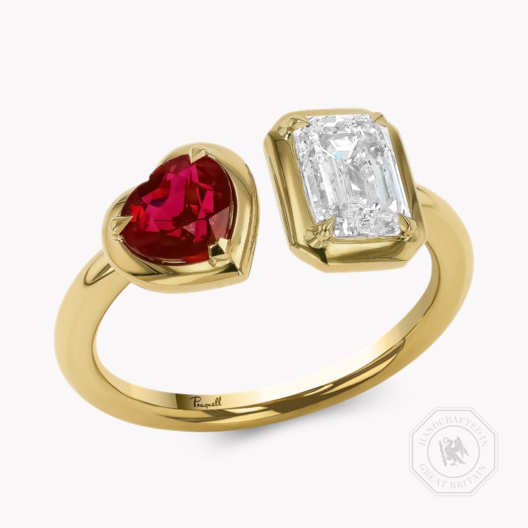 Skimming Stone 1.20ct Diamond and Burma Ruby Toi et Moi Ring Emerald Cut & Heart Shape, Claw Set_1