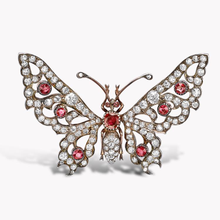 Victorian Diamond & Ruby Brooch 7.50CT in Rose & White Gold Old Cut Ruby & Diamond Butterfly Tremblant Brooch_1