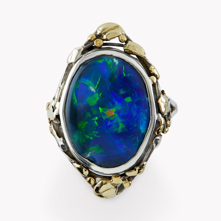 Art Nouveau Opal Ring  in Silver and Yellow Gold Oval Cut, Rubover Set_2