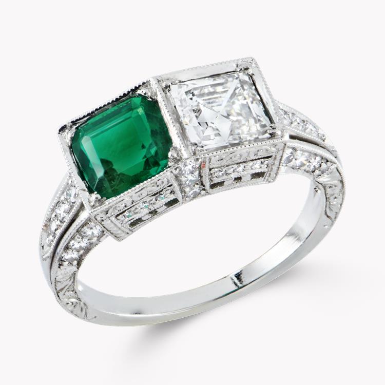 Art Deco 1.01ct Diamond and Emerald Two Stone Ring Square Step Cut, Claw Set_1