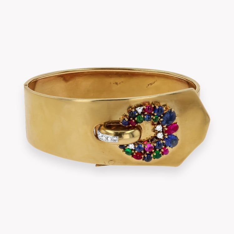 Retro Cartier Ruby, Sapphire, Emerald and Diamond Tutti Frutti Bangle   in 18ct Yellow Gold