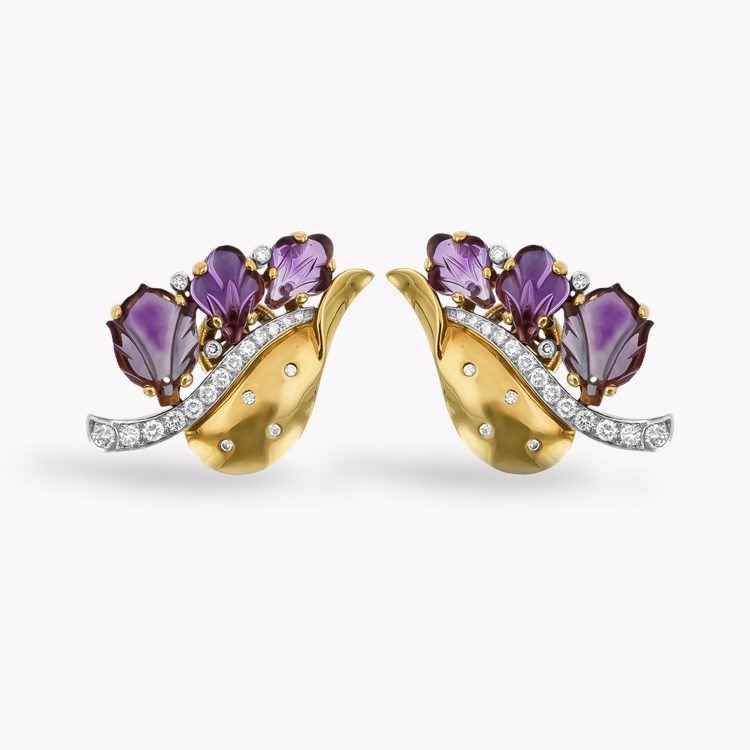 Retro Cartier Amethyst and Diamond Leaf Earrings   in 18ct Yellow Gold