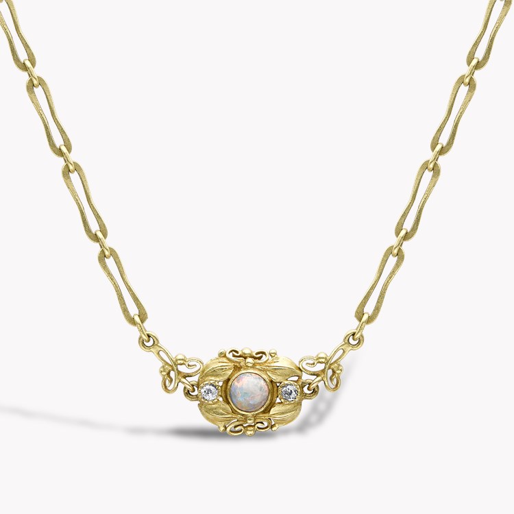 Art Nouveau Cabochon Opal & Diamond Long Chain Necklace Cabochon & Old Cut, Rubover Set_2