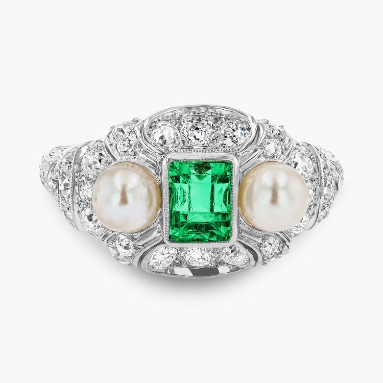 Edwardian 0.46ct Emerald Cut Emerald, Pearl and Diamond Ring Emerald Cut, Millegrain Set_2