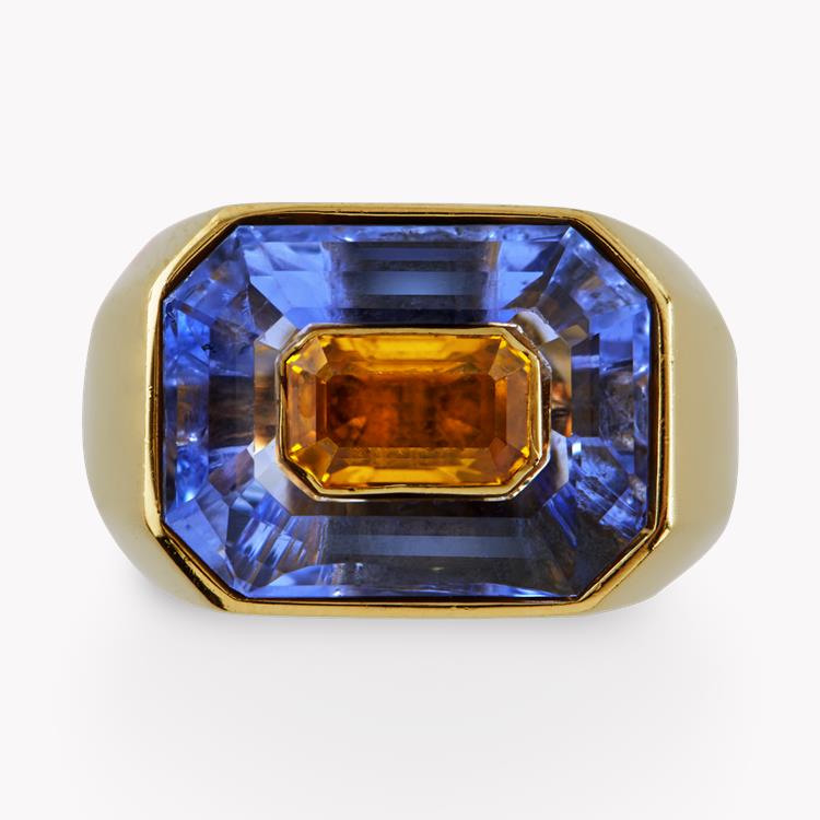 French Blue & Yellow Sapphire Ring 5.50Ct in Yellow Gold Emerald Cut Cocktail Ring_2