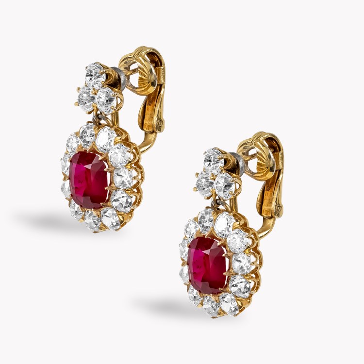 Victorian 3.58ct Burmese Ruby and Diamond Drop Earrings Antique Cushion Cut, Claw Set_2