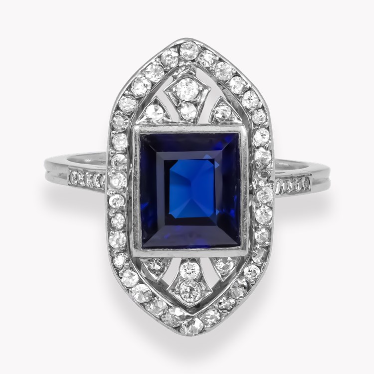 Art Deco French Rectangular Cut Sapphire and Diamond Ring Emerald & Old Cut, Rubover Set_2