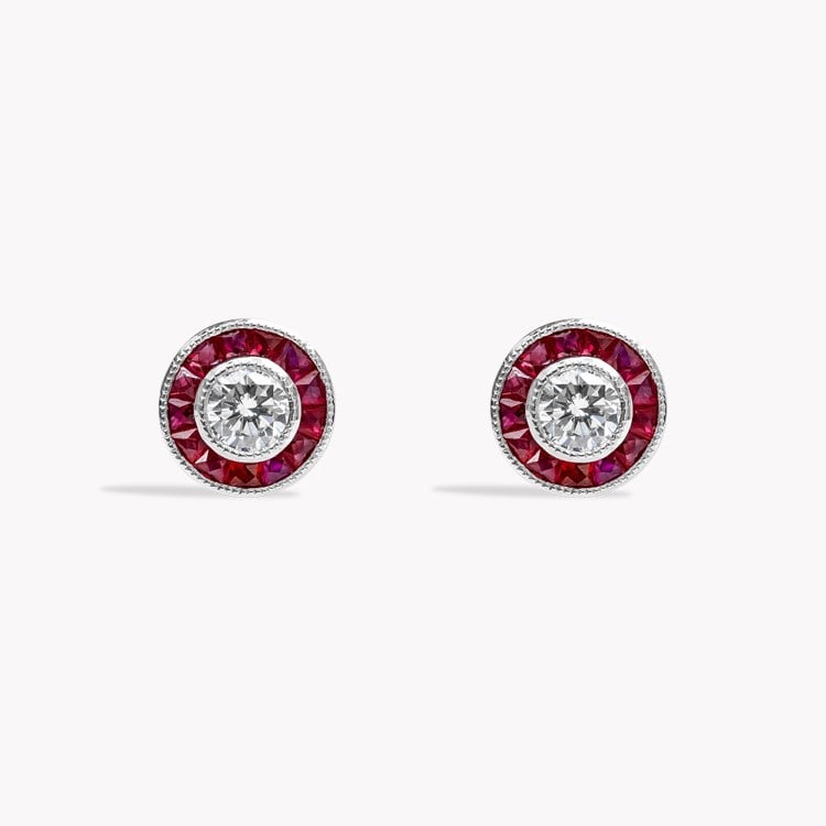 Brilliant Cut Ruby and Diamond Cluster Earrings Brilliant Cut, Millegrain Set_1