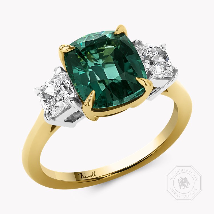 Cushion Cut 3.52ct Namibian Lagoon Tourmaline and Diamond Three Stone Ring Cushion modern cut, Claw set_1