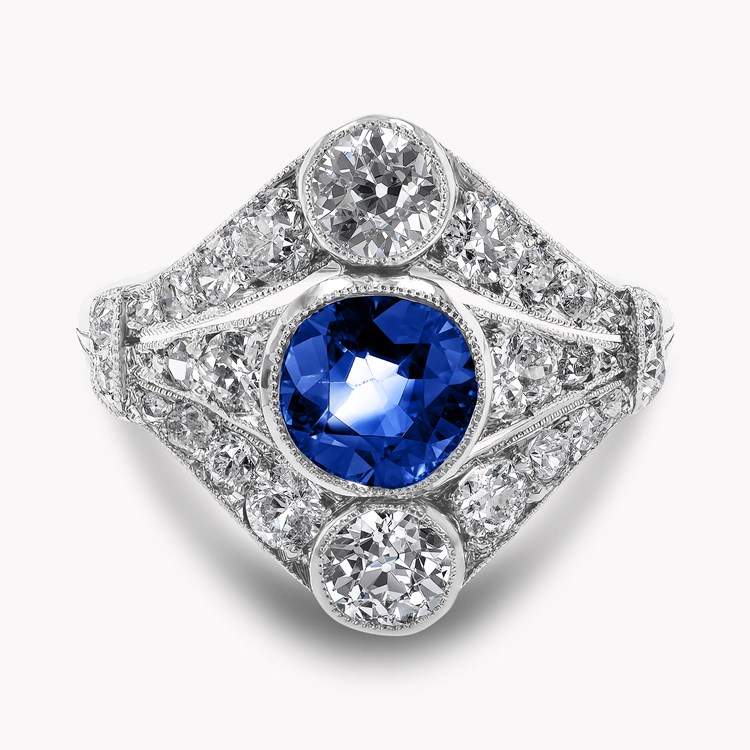 Edwardian Sapphire and Diamond Cluster Ring Old European Cut, Rubover Set_2