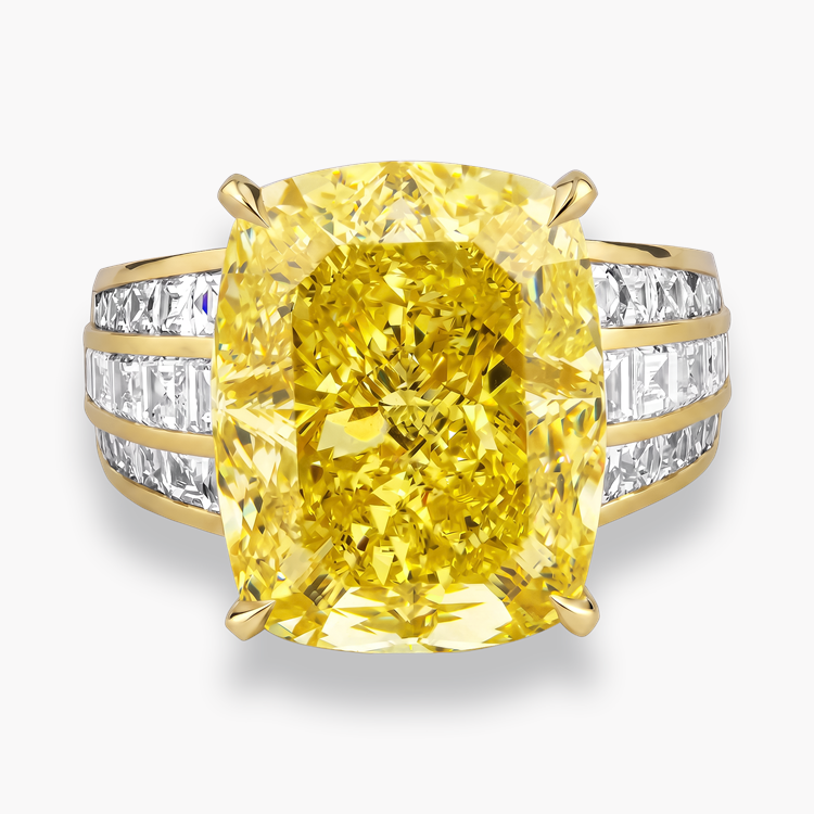 Masterpiece Manhattan 14.15ct South African Fancy Vivid Yellow Diamond Ring Modern Cushion Cut, Claw Set_2