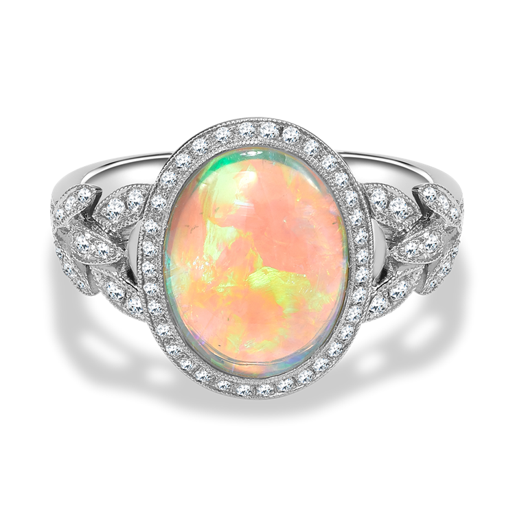 Oval Cut Opal Ring 2.74CT in Platinum Cluster Ring with Diamond Shoulders_1