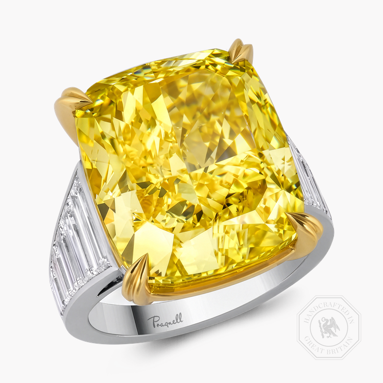 Masterpiece Cushion Cut 25.19ct South African Fancy Vivid Yellow Diamond Ring Modern Cushion & Baguette Cut, Claw Set_1