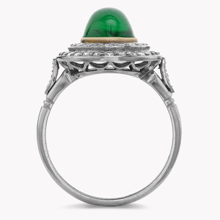Edwardian Cabochon Colombian Emerald Target Ring Cabochon & Old Cut, Rubover & Claw Set_3