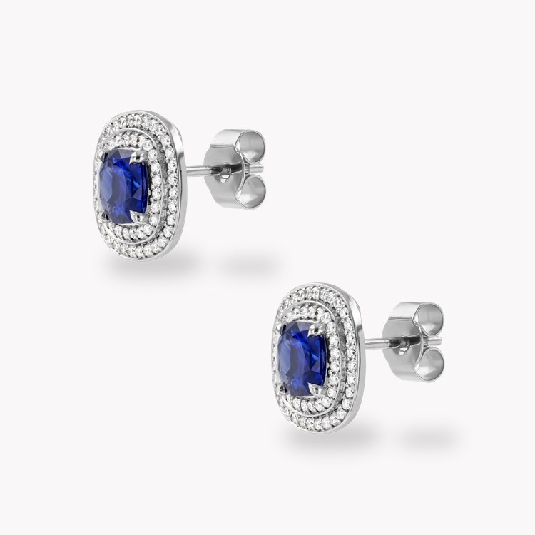 Cushion Cut 2.38cts Sapphire and Diamond Double Halo Earrings Cushion & Brilliant Cut, Claw Set_2