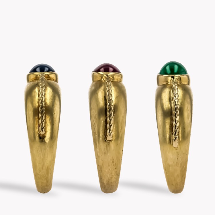 1960s Emerald, Ruby and Sapphire Trio of Rings Cabochon Cut, Rubover Set_4