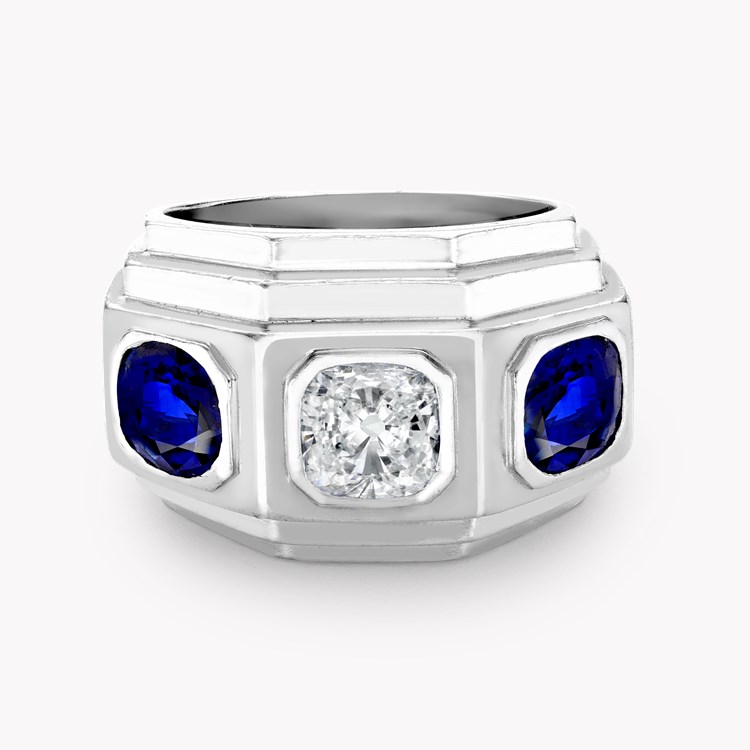Art Deco Rene Boivin Sapphire & Diamond 3 stone Cushion Antique Cut, Rubover Set_2