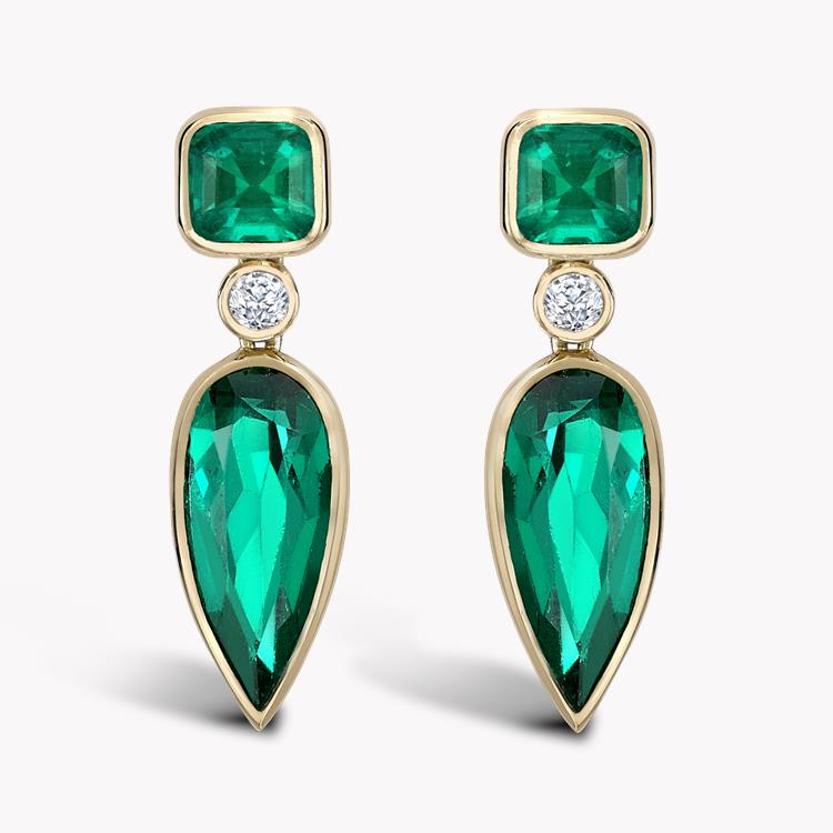 Masterpiece Pear Emerald Drop Earrings  4.59ct in Yellow Gold Pear, Cushion and Brilliant Cut, Rub Over Set_1